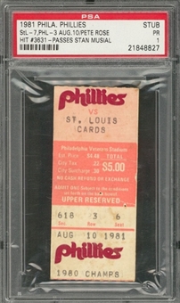 1981 Philadelphia Phillies vs St. Louis Cardinals Ticket Stub From 8/10/1981 - Pete Rose Hit #3631 (PSA- PR 1)